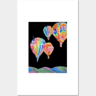 Hot Air Balloon Watercolor Painting on Black Balloons Posters and Art